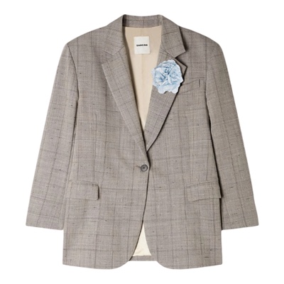 SANDRO立体花朵胸针格纹西装