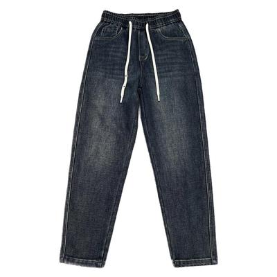 加绒加厚牛仔裤男冬季新款潮流简约百搭宽松哈伦裤小脚休闲老爹裤