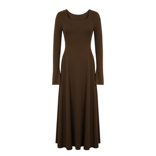 alex stevens方领针织连衣裙喇叭长袖女春秋季修身内搭打底长裙子