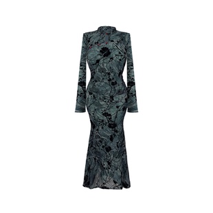 Babes【墨染青烟】大码新中式旗袍水墨花纹网纱拼接显瘦包臀裙女