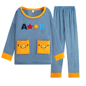 冬季亲子母女珊瑚绒加厚法兰绒男童卡通秋冬女童居家服睡衣可外穿