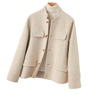 冬季新款反季双面羊绒大衣女短款立领小香风设计感小个子毛呢外套