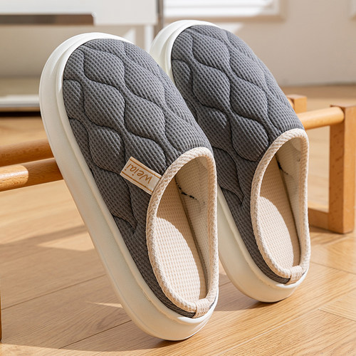 家用拖鞋春秋冬季四季女情侣家居家防滑室内透气棉麻布亚麻厚底男