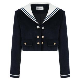 HERLIAN 秋季新品 女士海军领拼色短款毛呢外套