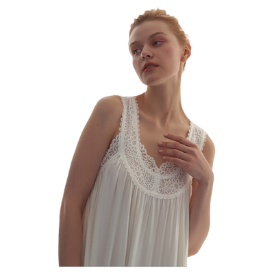 CA BRIDA【白玫瑰】法式经典蕾丝拼接莫代尔长睡裙CBS4C506C2