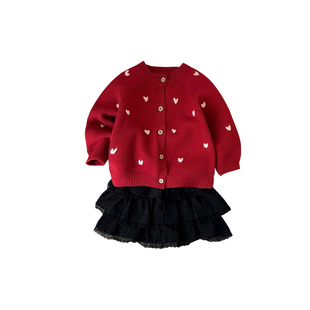 2025秋冬韩版婴幼儿女幼童红色针织毛衣外套长袖打底衫蛋糕裙洋气
