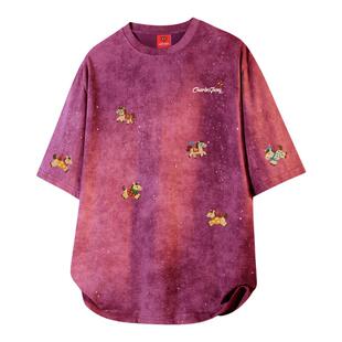 查尔斯桃心红色满天星纯棉扎染短袖T恤男女夏季小马印花重磅半袖