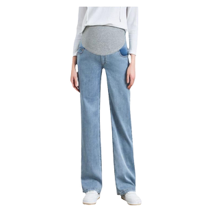 费雪孕妇牛仔裤春秋季外穿2026新款宽松大码直筒裤托腹拖地阔腿裤