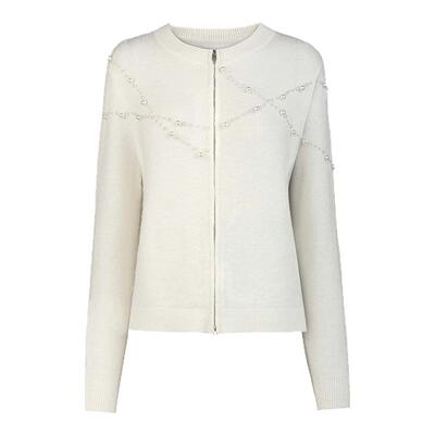 sdeer圣迪奥女装25年新品复古罗纹圆领钉珠开衫针织衫S254Z3518