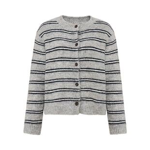 Petit Bari复古学院风撞色条纹圆领毛衣开衫女 秋冬外穿毛衣外套