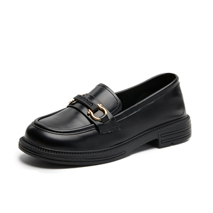 依思q乐福鞋女鞋2026新款英伦风软底不累脚黑色百搭一脚蹬小皮鞋