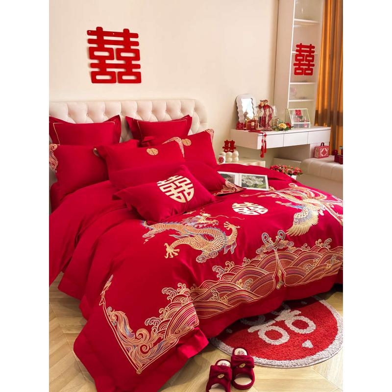 高档喜庆结婚床上用品四件套大红色龙凤刺绣被套床单纯棉喜被婚庆