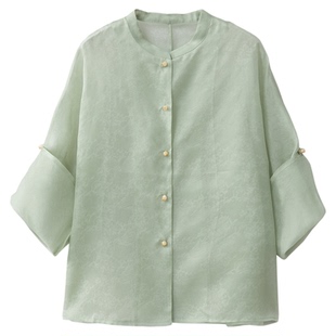 一丝牵真丝欧根纱提花防晒外套100%桑蚕丝可挽袖中式立领衬衫外套