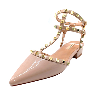 大码一字带包头法式柳丁凉鞋2025新款夏季平底尖头低跟铆钉高跟鞋