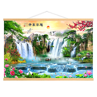 流水生财山水风景画挂画迎客松壁画布艺装饰画客厅沙发办公室背景