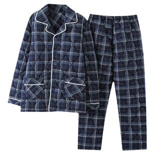冬季三层加厚里外纯棉夹棉中年男士睡衣夹棉袄家居服冬天保暖套装
