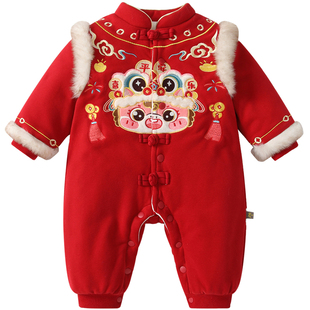 中式婴儿过年衣服女宝宝冬装加绒加厚棉衣满月百天周岁礼服拜年服