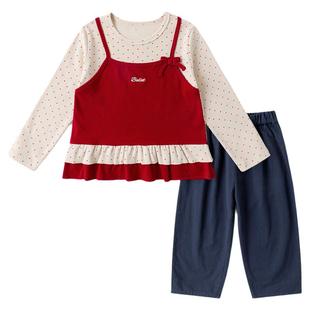 嘟嘟家女童波点拼接套装春秋款宝宝假两件上衣长裤儿童荷叶边童装