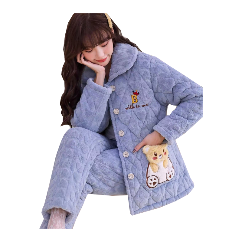 睡衣女冬季珊瑚绒三层加厚加绒夹棉2022新款冬天外穿法兰绒家居服