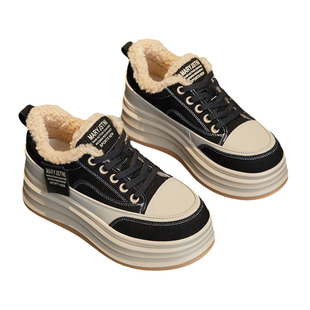 真皮松糕鞋女厚底板鞋秋冬加绒2025新款百搭小个子休闲内增高女鞋