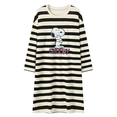 长袖睡裙女春秋款带胸垫一体中长款宽松纯棉甜美条纹女士外穿睡衣