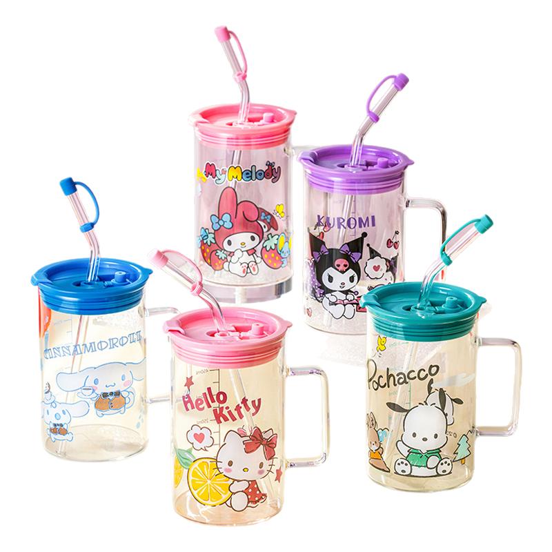 Hellokitty吸管玻璃杯女生刻度水杯一人一色杯子库洛米冷饮奶茶杯