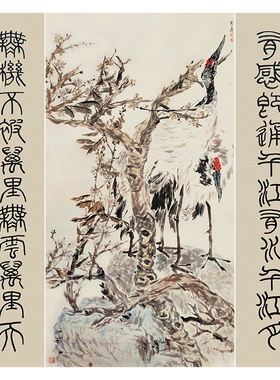 手绘梅鹤中堂国画六尺对联大幅画