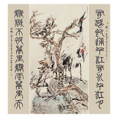 手绘梅鹤中堂国画六尺对联大幅画