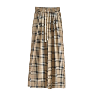 DDXZ夕子 韩系格子裤慵懒宽松显瘦格纹阔腿裤休闲杏色拖地休闲裤