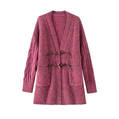 bananacici牛角扣V领毛衣开衫