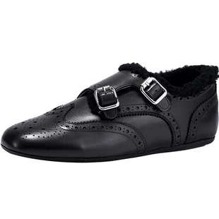 BellaLily2025冬季重工擦色牛皮乐福鞋女单鞋洛克鞋雕花小皮鞋子