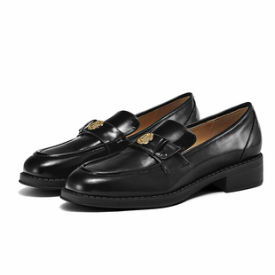 达芙妮金扣乐福鞋女2026新款春秋季粗跟黑色单鞋厚底英伦风小皮鞋