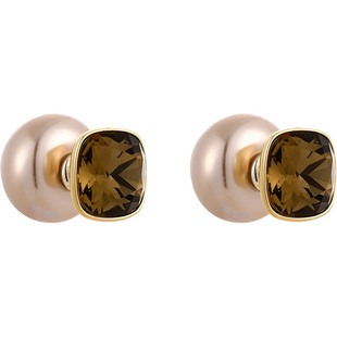 茶色方糖水晶珍珠耳钉女2026新款爆款耳饰轻奢高级感气质大气耳环