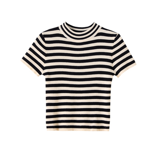 半高领短袖针织衫女春高腰小个子短款上衣修身中领条纹内搭打底衫