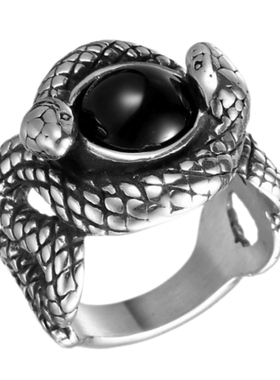 嘻哈男钛钢不掉色双头盘蛇戒指