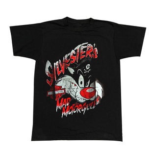 Sylvester傻大猫混搭美式复古卡通机车摇滚风重磅棉暗黑短袖T恤