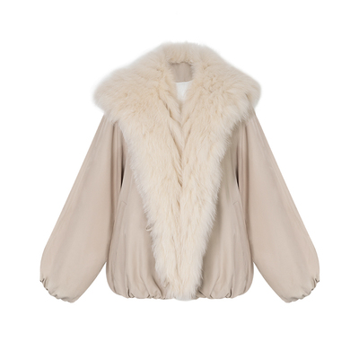 Miorastudio法式复古浅卡其狐狸毛领鹅绒羽绒短款皮草派克服外套