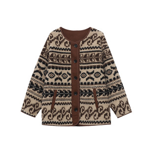 冬意渐浓美式复古拼接腰果花仿羊羔毛保暖加厚外套