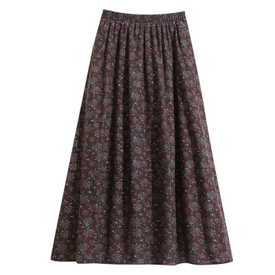 复古磨毛碎花A字半身裙