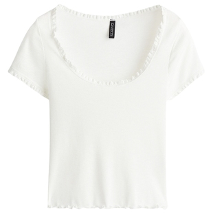 HM女装T恤春季出游法式气质修身蕾丝饰边时尚短袖上衣1296486