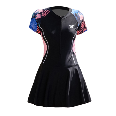 特步泳衣女印花拼接连体裙式温泉