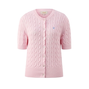 【100%棉】Eland衣恋针织T恤女下摆罗纹经典绞花短袖上衣夏季