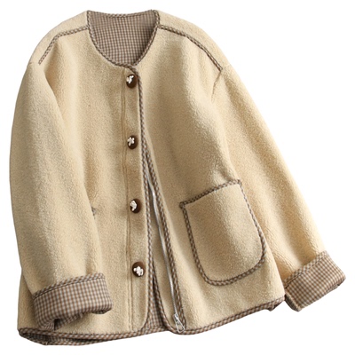 撞色格纹翻边长袖宽松显瘦女外套