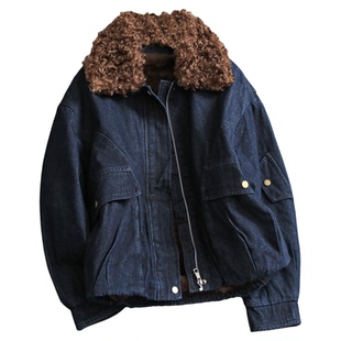 加绒加厚可拆卸毛毛翻领宽松显瘦长袖百搭工装牛仔外套女夹克M469