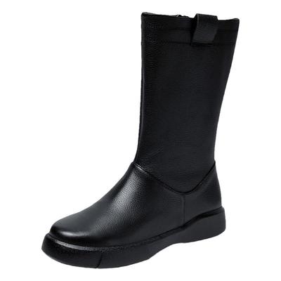 头层牛皮骑士靴女平底中筒高帮鞋