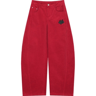 妖精的口袋灯芯绒红色裤子女2026年春新款宽松直筒阔腿休闲裤子