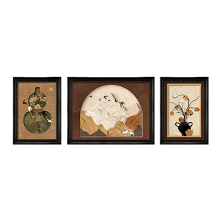 柿柿如意客厅装饰画背有靠山三联壁画中古风沙发背景墙挂画高级感