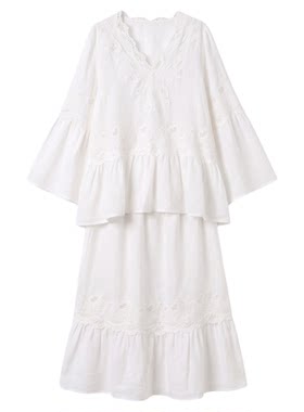 夏季亚麻蕾丝雕花喇叭袖连衣裙