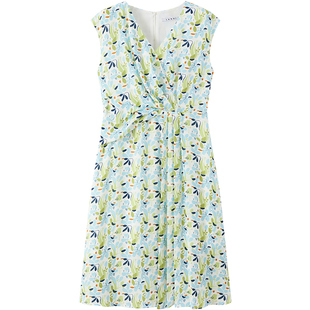 LANDI蓝地花田浪漫V领设计感印花碎花收腰连衣裙女短袖裙子夏新品