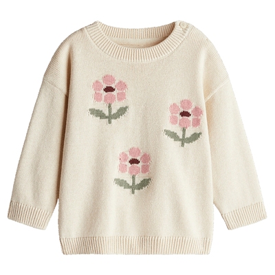 HM童装女婴毛衣2025秋季新款提花圆领印花打底套头针织衫1239905